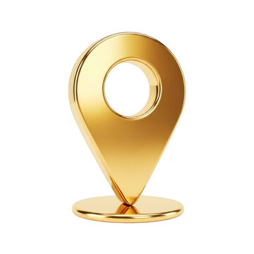 A shiny gold map pin isolated on transparent background