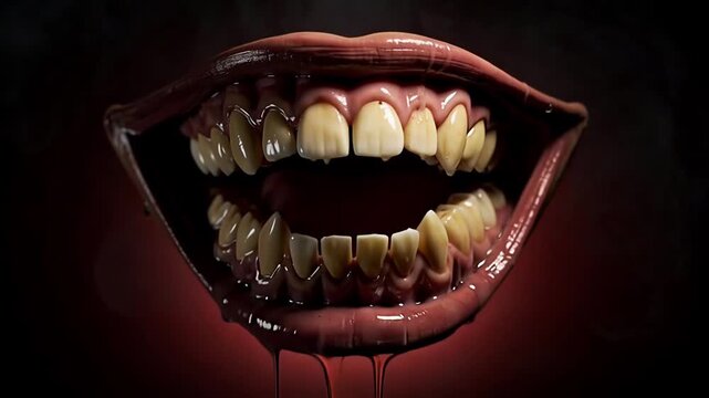 Horror Mouth with Dripping Saliva and Yellowed Teeth on Dark Red Background.