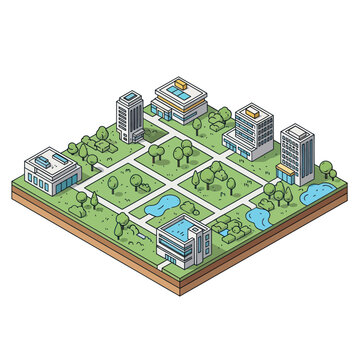 Isometric City Block with Buildings and Parks.
