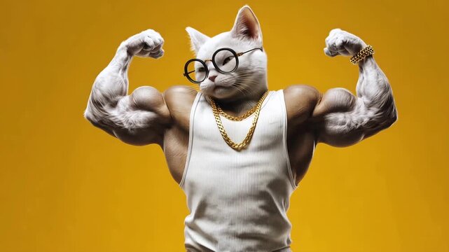 Muscular cat wearing glasses and gold chains poses confidently against a bright yellow background during daytime
