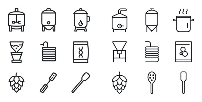 Brewery icons with kettle hop spoon outline