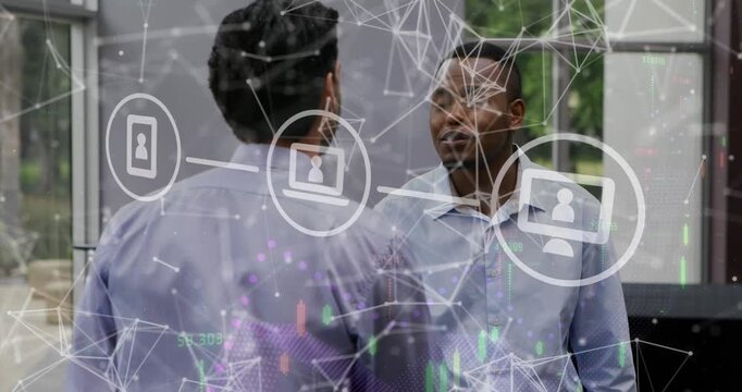 Animation of flowchart of icons, graphs and connected dots over diverse coworkers talking in office