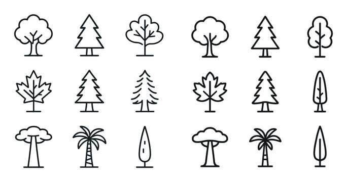 Nature icons with oak pine palm outline minimal