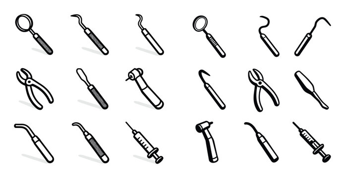 Dental icons with mirror probe drill outline