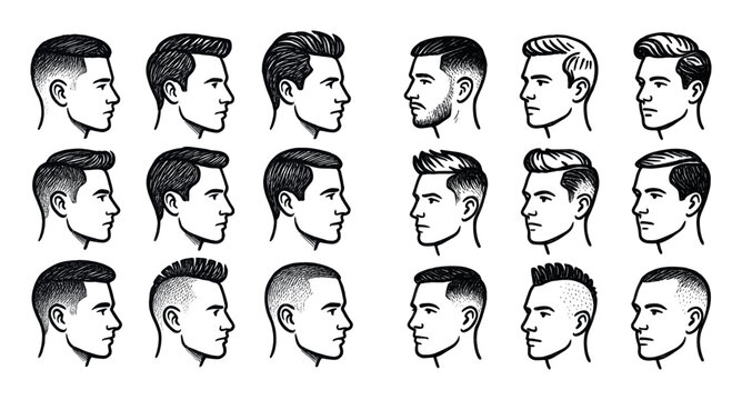 Grooming icons with male head haircut outline