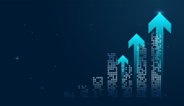 Glowing arrow surges across a blue grid, illustrating a successful Business strategy backed by data technology. and concepts of Finance and technology, with an upward trending arrow
