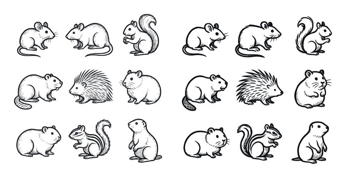 Woodland animal icons with squirrel porcupine mouse sketch