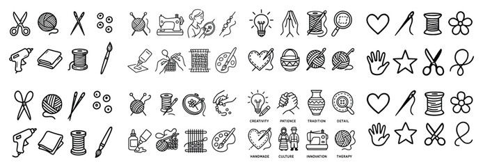 Naklejka premium Craft icons with yarn needle scissors minimal