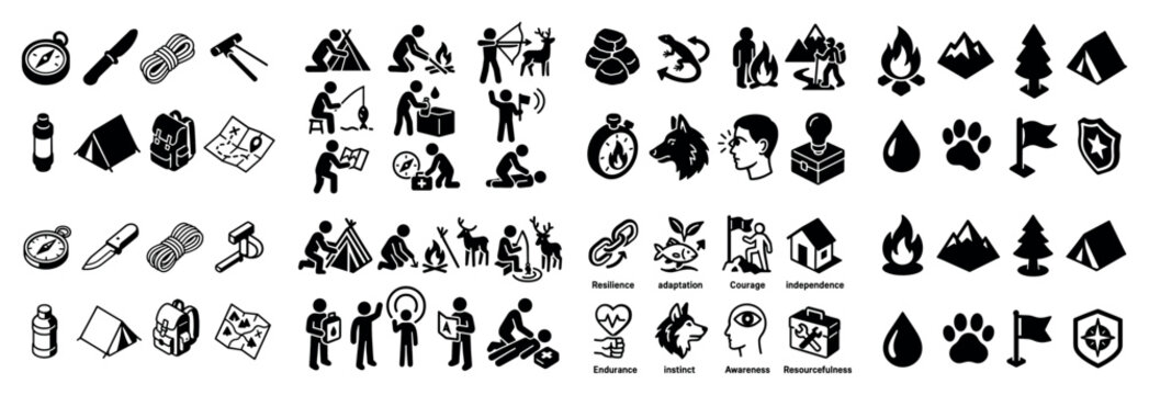 Outdoor icons with tent compass fire solid