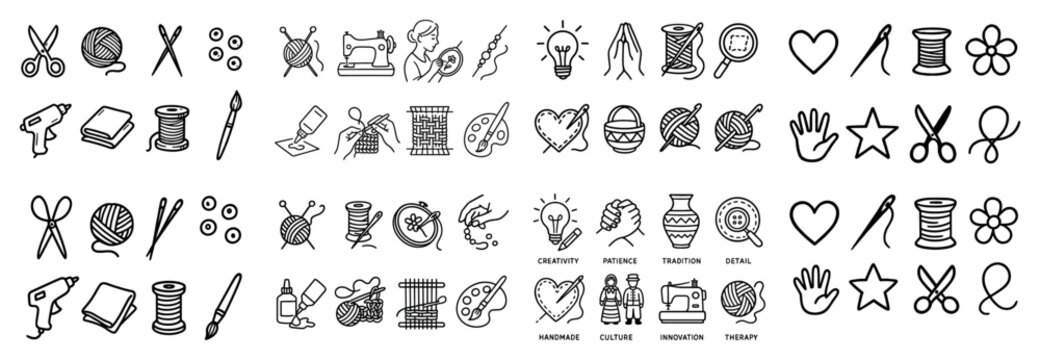 Craft icons with yarn needle scissors minimal