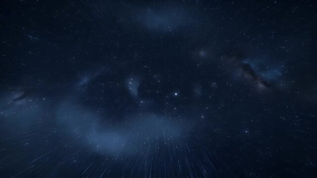 Mystical night sky filled with numerous stars and light streak patterns