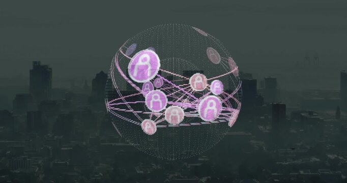 Digital globe appearing over dusk skyline icons linking with pulsing lines visualizing network