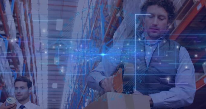 Warehouse worker pulling tape, sealing box for shipping, manager checking label under data overlay