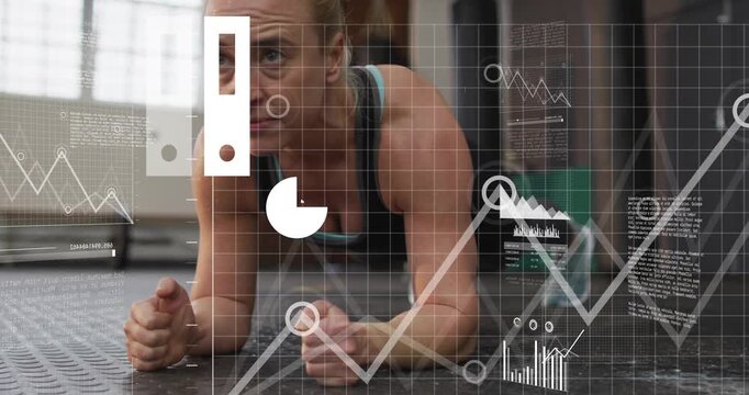 Woman holding forearm plank on gym floor, AR charts emerging while data updating, tracking fitness