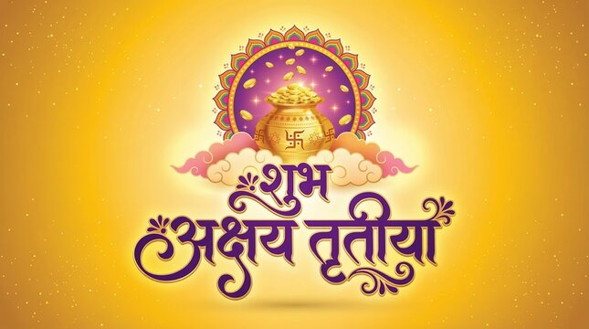 Akshaya tritiya hindu festival greeting banner with golden kalash coins sacred swastik symbol hindi typography and glowing spiritual prosperity background