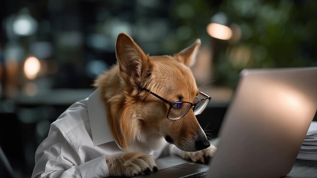 Smart dog wears glasses, sits at laptop. Focused, curious, professional demeanor throughout. Dedicated to work, typing, observing screen with alert eyes. Ideal for tech, business