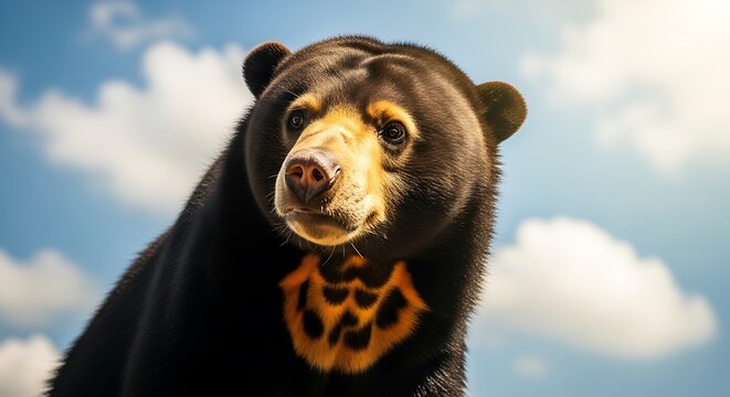 Close-up portrait of a magnificent Malayan Sun Bear, displaying its unique golden chest marking and expressive face under a beautiful, sunlit sky with clouds