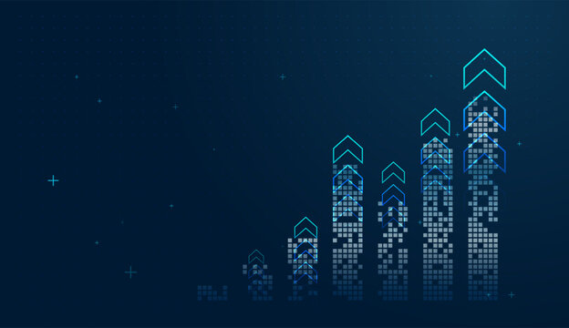 Multiple neon arrows point upward atop digital pillars, representing scaling technology in the Finance sector. and show This Business graphic features several upward trending arrows