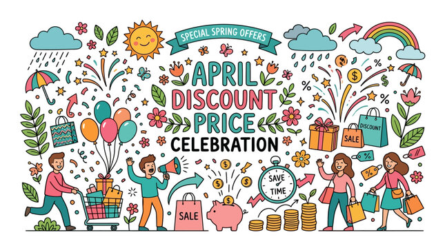 April Discount Price Celebration Banner with Spring Elements