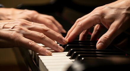 Fototapeta premium Two pairs of hands play music together on the dark keys of an acoustic instrument