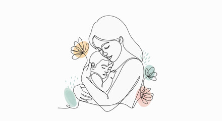 Obraz premium A tender moment between mother and child, depicted in a minimalist line art style with subtle floral accents