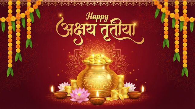 Akshaya Tritiya Hindu festival prosperity wealth gold coins kalash diya lotus celebration religion India sacred spiritual blessing prayer culture tradition vector
