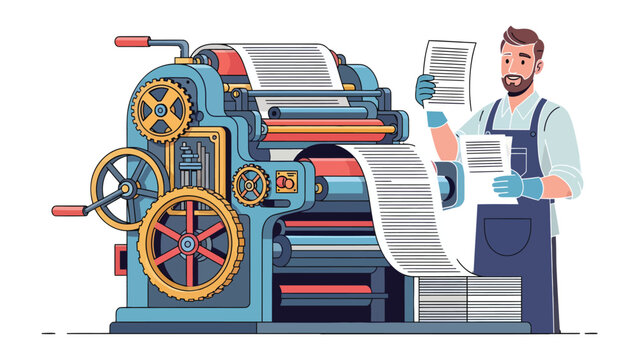 Vintage Printing Press Operation: A skilled technician diligently operates a vintage printing press.