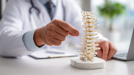 Fototapeta premium A doctor examines a spine model in office
