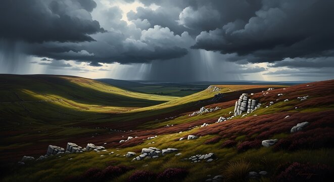 Dramatic storm clouds gather over rolling green hills with patches of heather and scattered rocks.