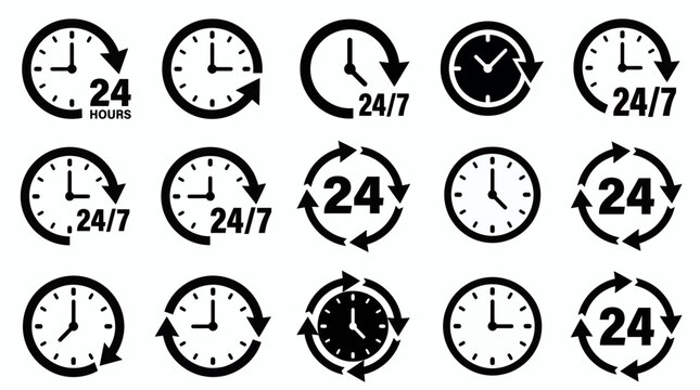 Set of black and white clock icons with 24 hours and 24-7 symbols on white background, concept for customer service support and business management efficiency