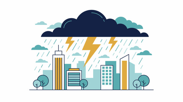 Flat illustration of urban city skyline under heavy storm clouds with lightning bolts and rain, concept for weather forecast presentation and climate change awareness