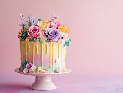 Pastel drip cake with colorful flowers on pink background, whimsical celebration dessert