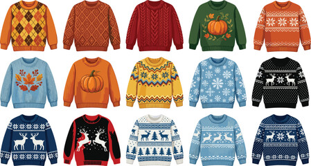 Ugly Christmas sweater collection, colorful knitted winter holiday sweaters with festive patterns snowflakes reindeer pumpkins vector illustration setUgly Christmas sweater collection, colorful knitte © Arif
