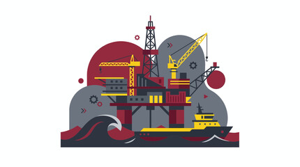 Flat vector illustration of offshore oil drilling platform with ship on sea waves, concept for energy industry infrastructure and petroleum exploration project