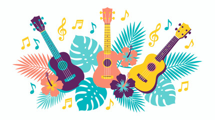 Fototapeta premium flat illustration of three colorful ukuleles with tropical hibiscus flowers and palm leaves, concept for summer music festival background and hawaiian party design