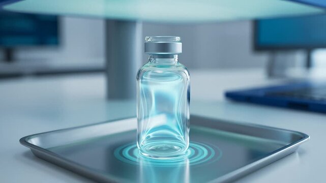 Clear Glass Vial With Silver Cap on Metal Tray Under Blue Light in Laboratory Setting