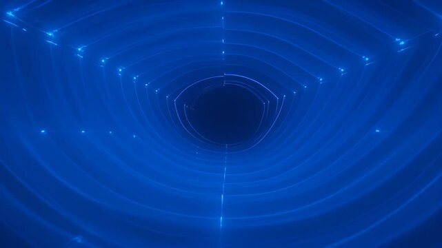 Abstract ethereal blue light tunnel converging to a central dark void