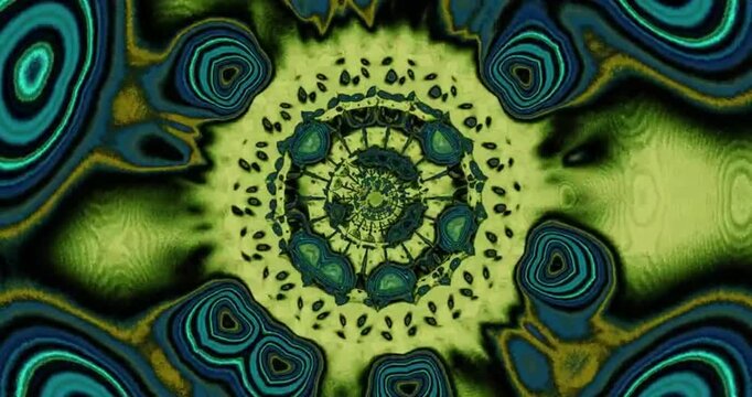 Dark Psychedelic Mandala Animation with Deep Blue and Green Swirls