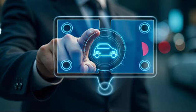 A hand pointing at a holographic smart car control icon. 