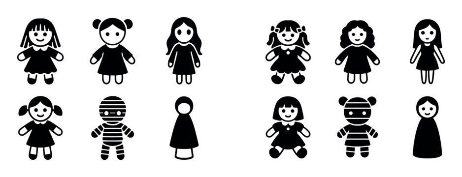 Children icons with doll ragdoll toy silhouette