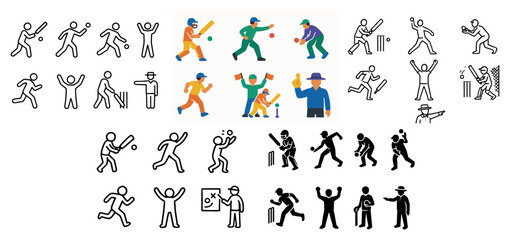Sports icons with batter bowler wicket flat