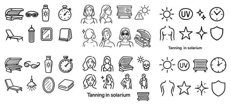 Beauty icons with sunbed bottle clock outline