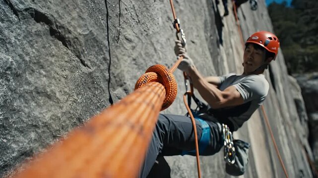 Focused Asian Climber Rappelling Down Steep Mountain Rock Face