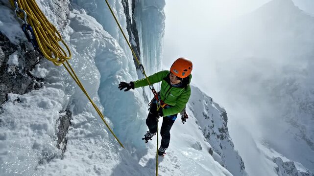 Female Ice Climber Descending Icy Mountain Face
