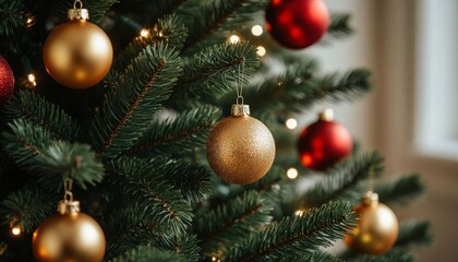 Fototapeta premium The Christmas tree displays shiny gold and red ornaments. The ornaments hang among vibrant green branches, enhancing the festive atmosphere of the room.