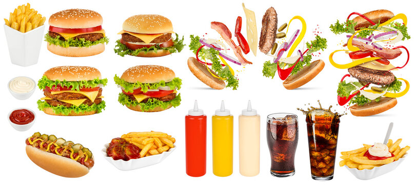 huge fast food set collection with hot dog french fries hamburger cheeseburger soft drinks sauces and german currywurst isolated white background