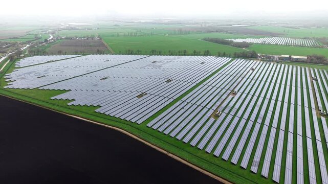 Aerial view of solar panels arranged in neat rows across green fields, contrasting with dark soil patches, creating a modern rural landscape, Cambridgeshire, United Kingdom.