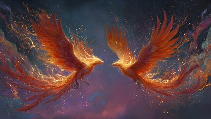 Fototapeta premium Two majestic phoenixes with fiery wings in a mystical sky