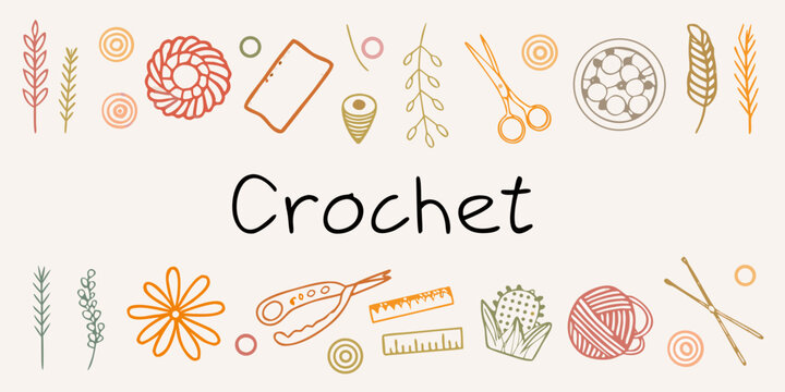 A colorful illustration depicting crochet tools and related floral motifs