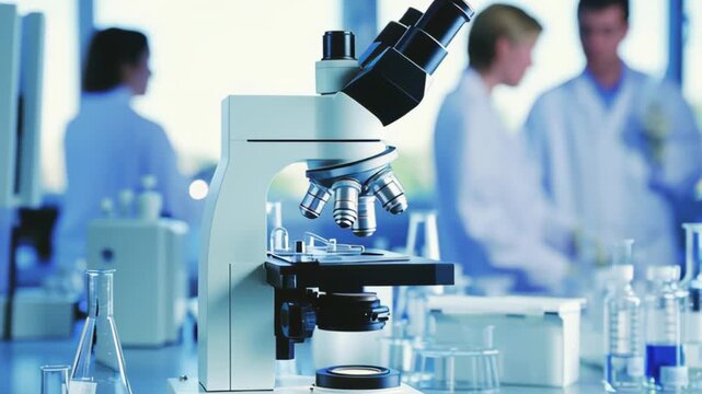 Researchers work in laboratory with microscope and glassware in focus
